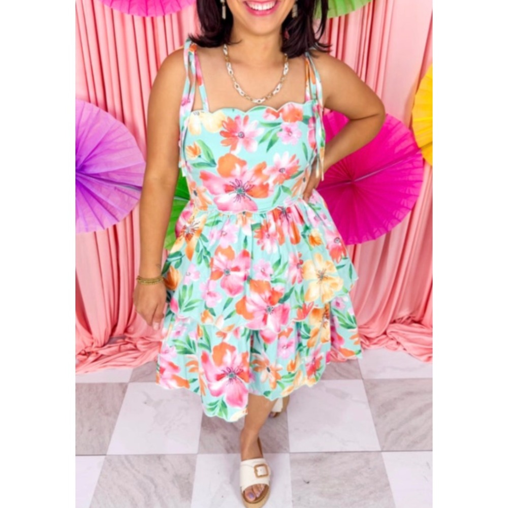 Easel Floral Tiered Mini Dress Womens L Seafoam New Scallop Tie Strap Smocked